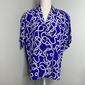Diane Von Furstenberg Indigo Blue Nautical Rope Print Silk Asset Blouse Large